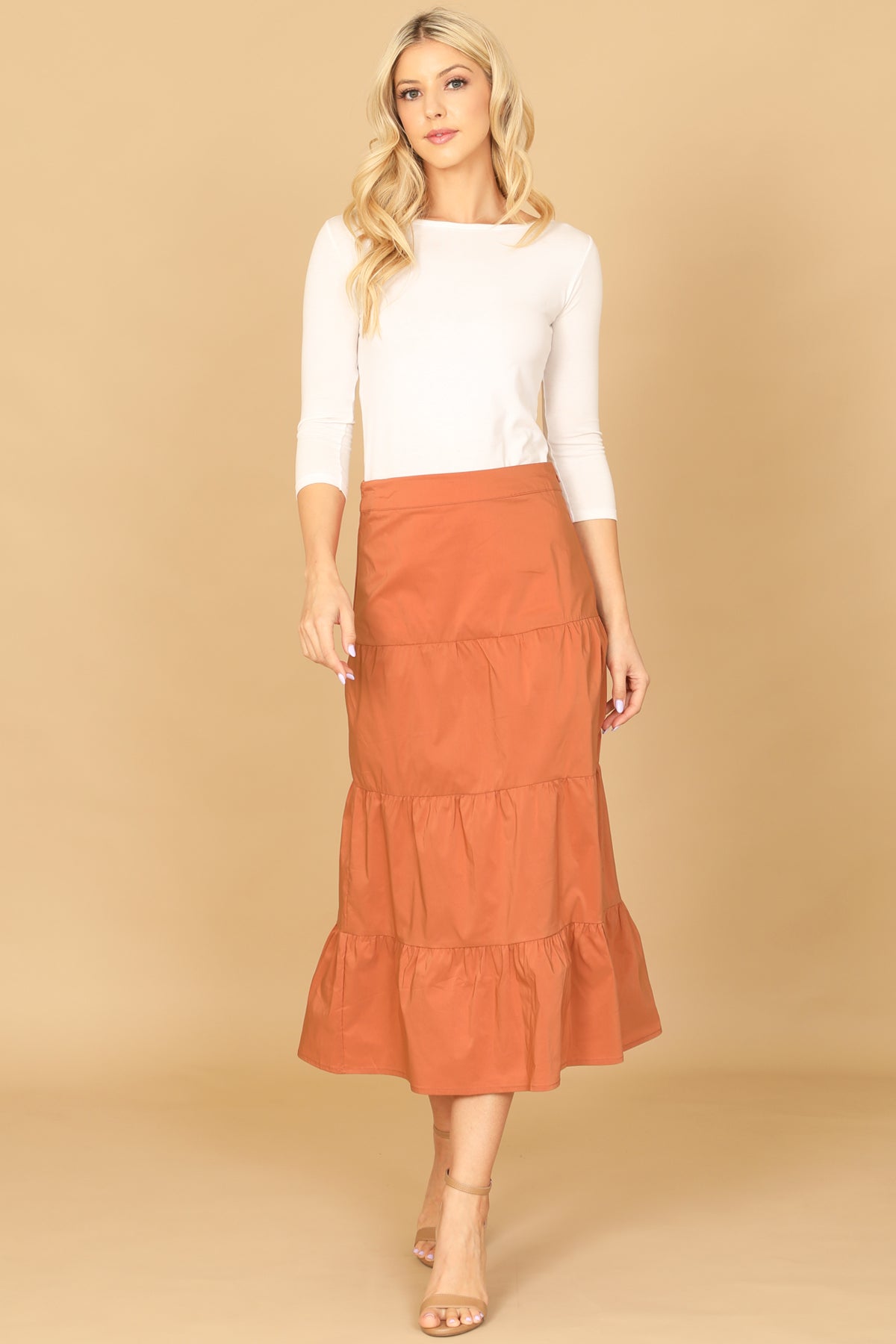 RUST TIERED SOLID MIDI SKIRT 2-2-1