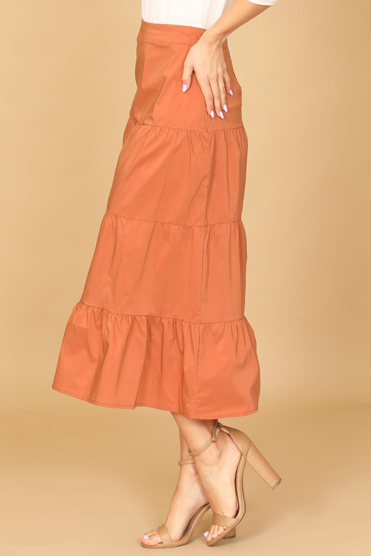 RUST TIERED SOLID MIDI SKIRT 2-2-1