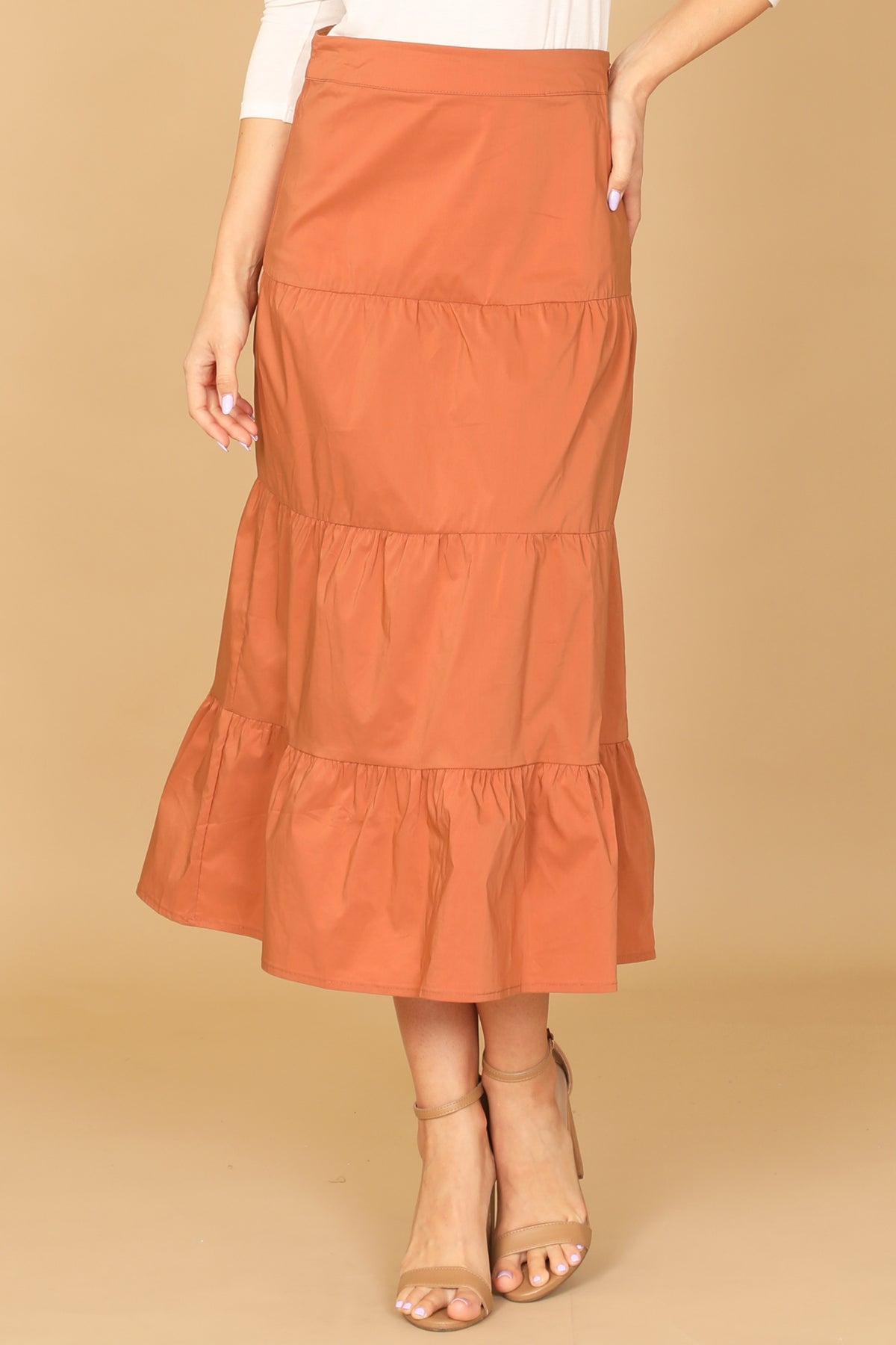 RUST TIERED SOLID MIDI SKIRT 2-2-1
