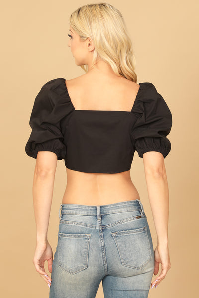 BLACK PUFF SLEEVE FRONT KNOT CROP TOP 2-2-1