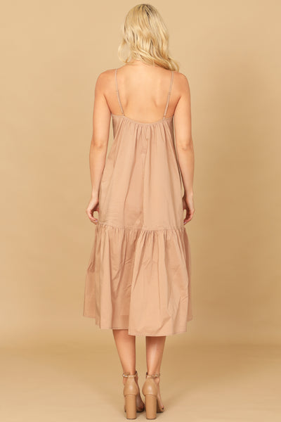 LT. BROWN SPAGHETTI STRAP SOLID MIDI DRESS 2-2-1