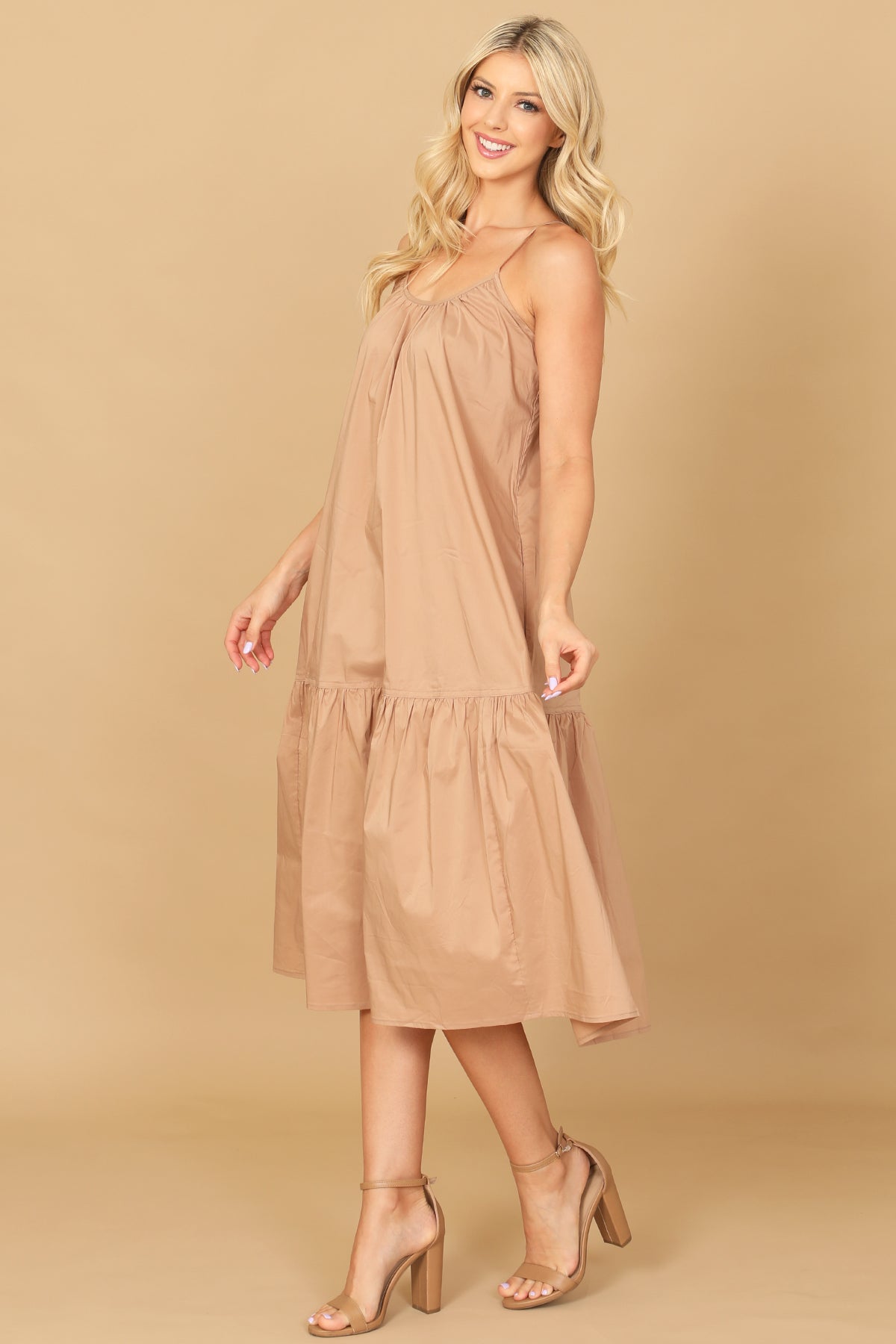 LT. BROWN SPAGHETTI STRAP SOLID MIDI DRESS 2-2-1