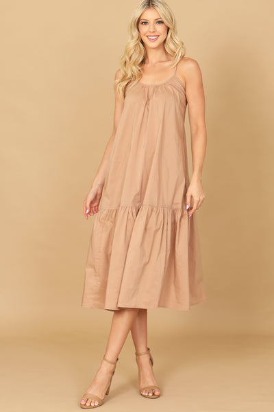 LT. BROWN SPAGHETTI STRAP SOLID MIDI DRESS 2-2-1