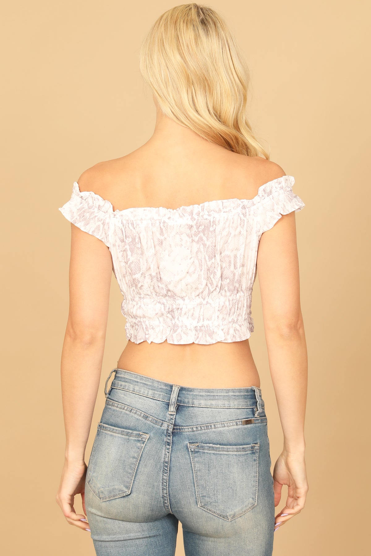 CREAM MAUVE RUFFLE OFF SHOULDER LEOPARD CROP TOP 2-2-1