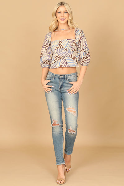 KHAKI BROWN PUFF SLEEVE SEXY BACK PRINTED CROP TOP 2-2-1