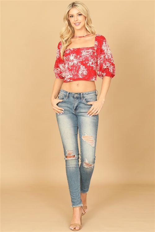 T04293-PUFF SLEEVES SEXY BACK TIE PRINTED CROP TOP 2-2-1
