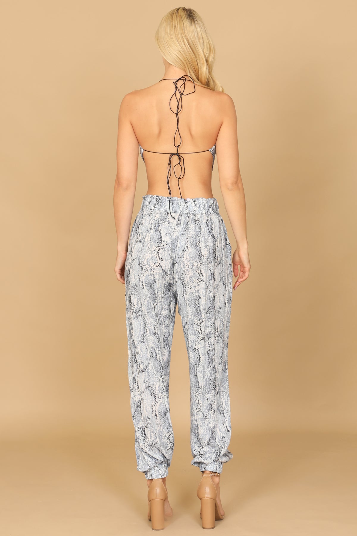 BLUE COWL NECK HALTER SNAKE PRINT TOP & PANTS SET 2-2-1