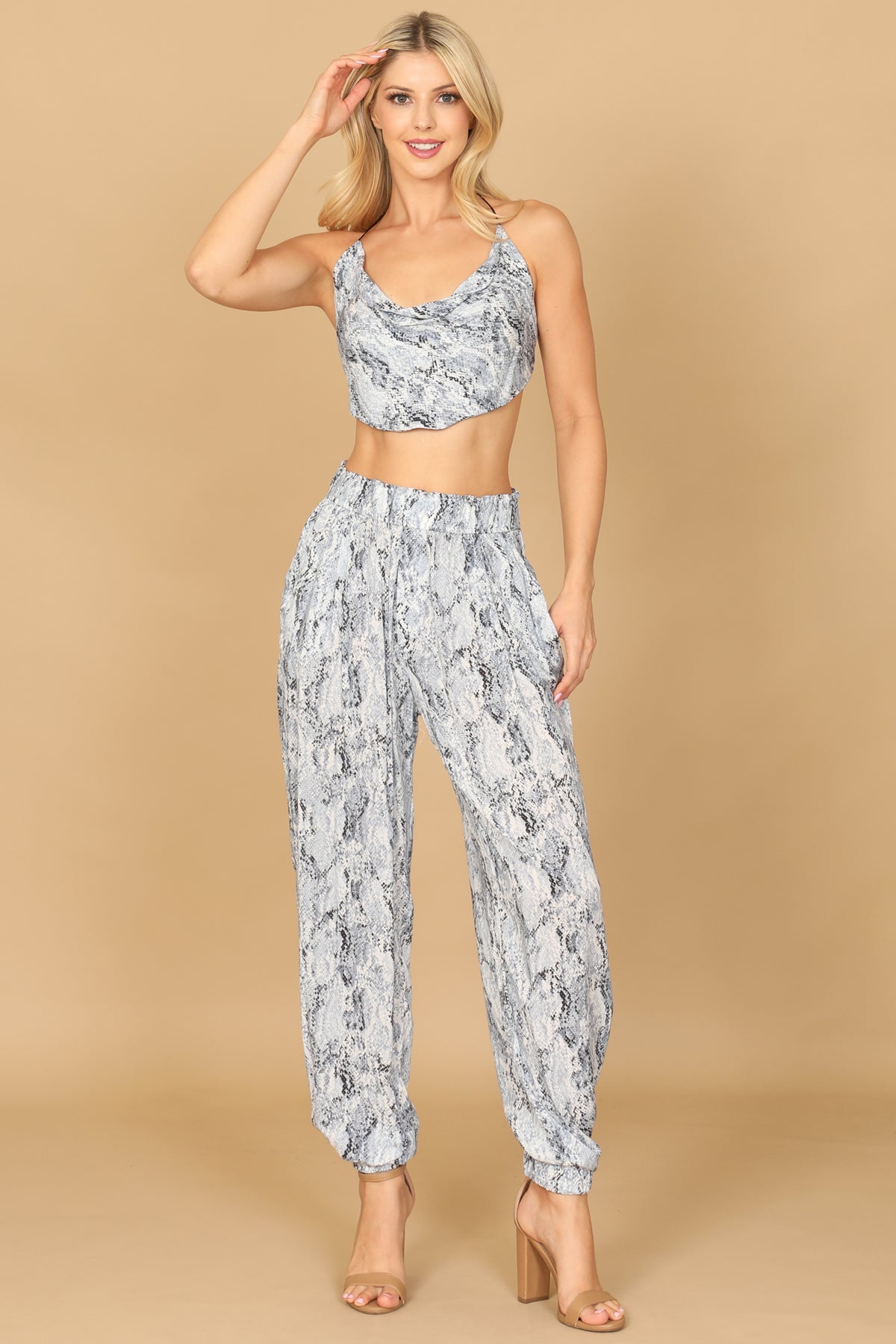 BLUE COWL NECK HALTER SNAKE PRINT TOP & PANTS SET 2-2-1