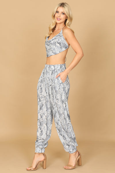 BLUE COWL NECK HALTER SNAKE PRINT TOP & PANTS SET 2-2-1