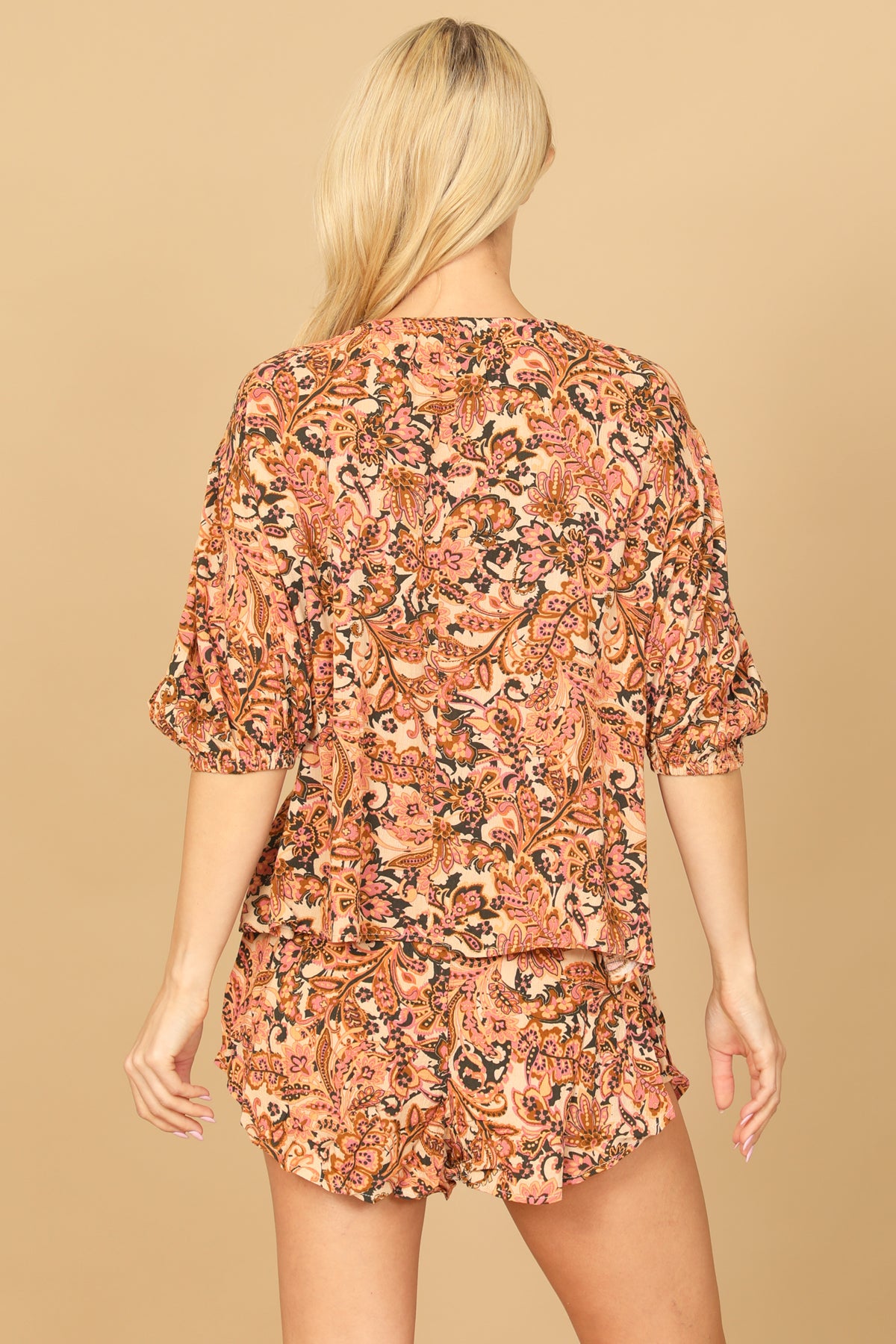 PEACH PUFF SLEEVE PRINTED TOP & SHORT SET 2-2-1