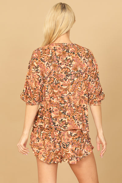 PEACH PUFF SLEEVE PRINTED TOP & SHORT SET 2-2-1