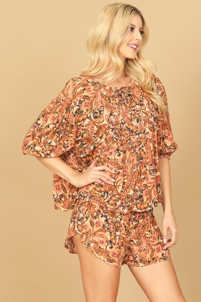 PEACH PUFF SLEEVE PRINTED TOP & SHORT SET 2-2-1