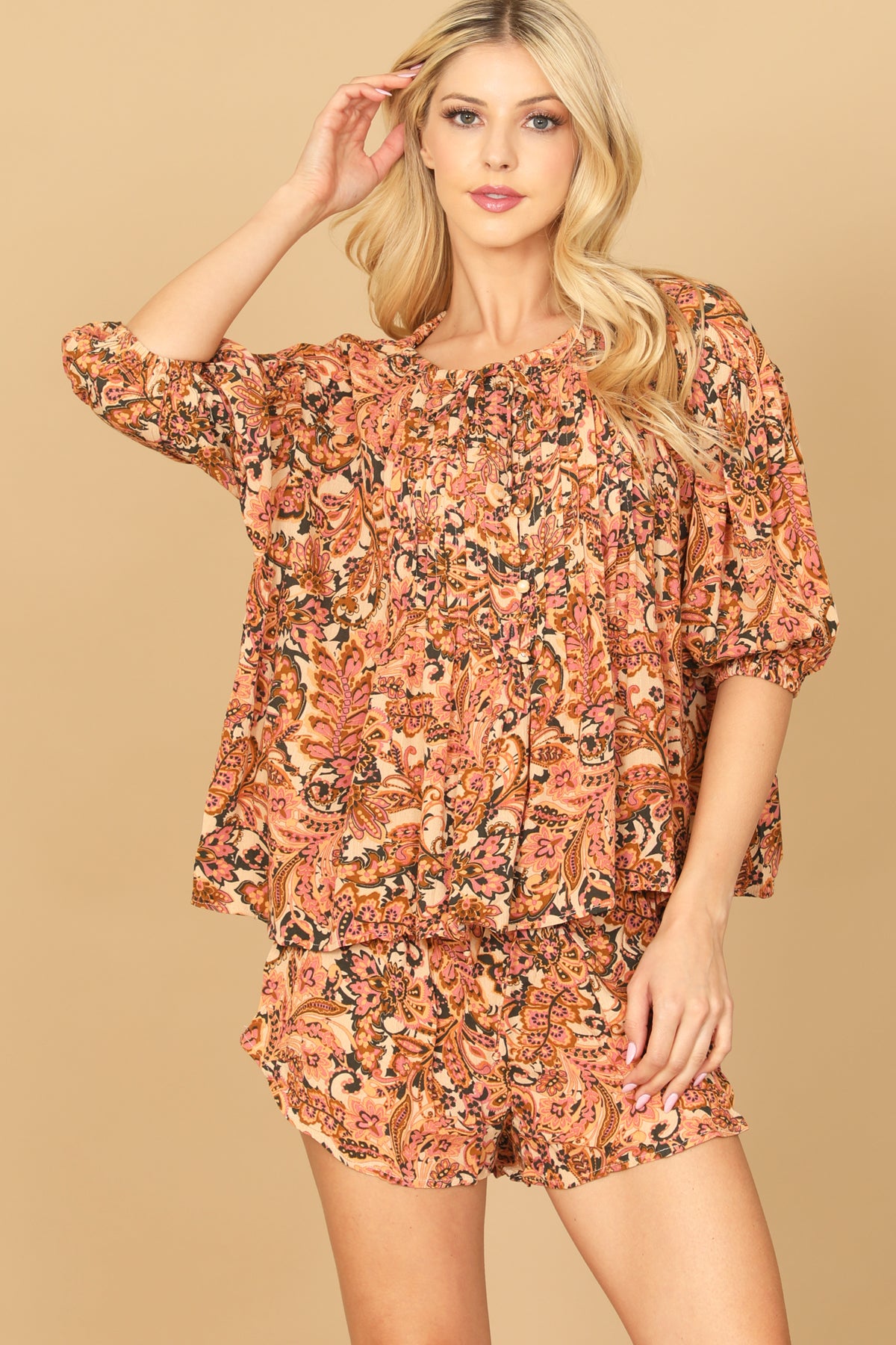 PEACH PUFF SLEEVE PRINTED TOP & SHORT SET 2-2-1