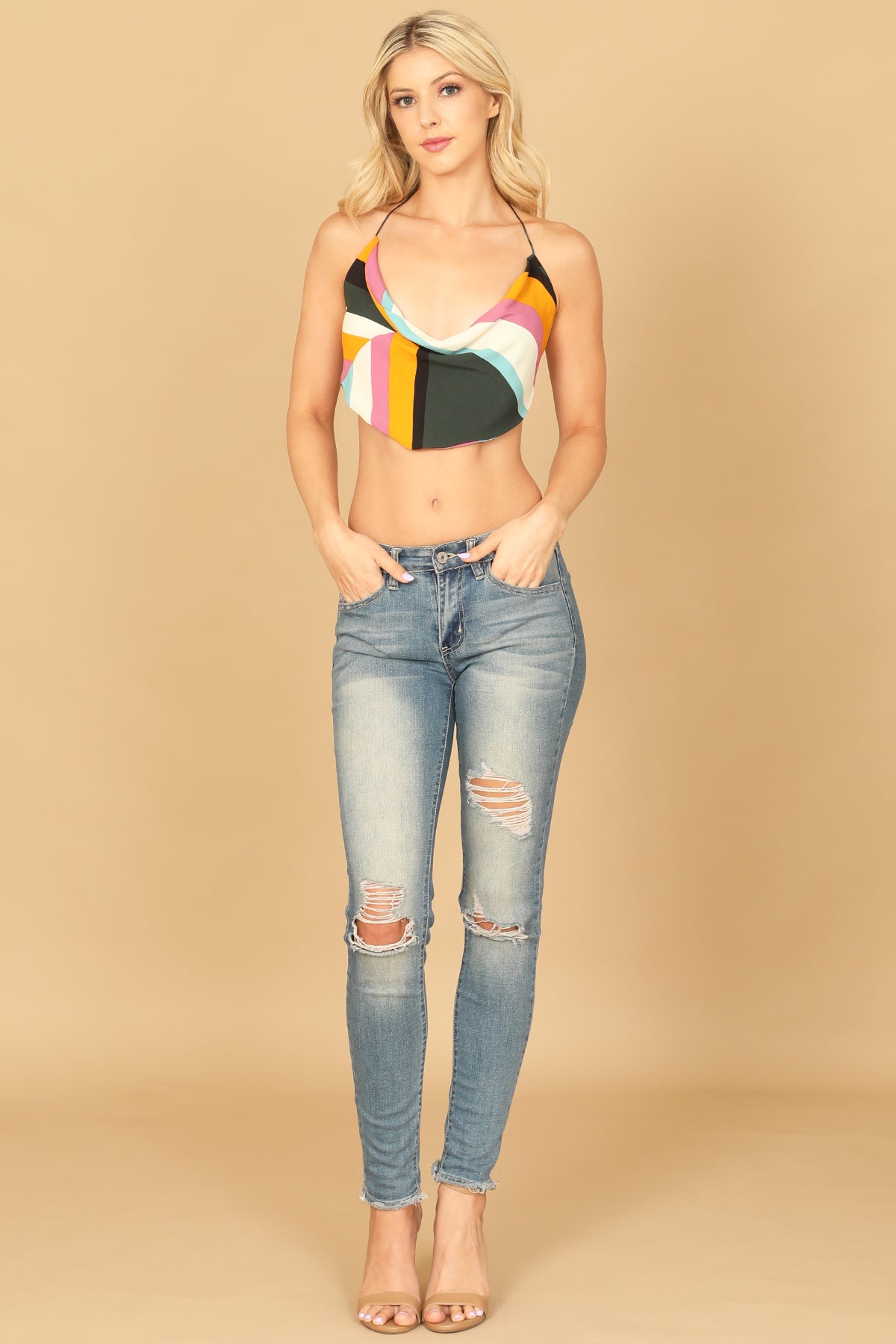 AQUA MUSTARD SEXY BACK TIE COWL CROP TOP 2-2-1