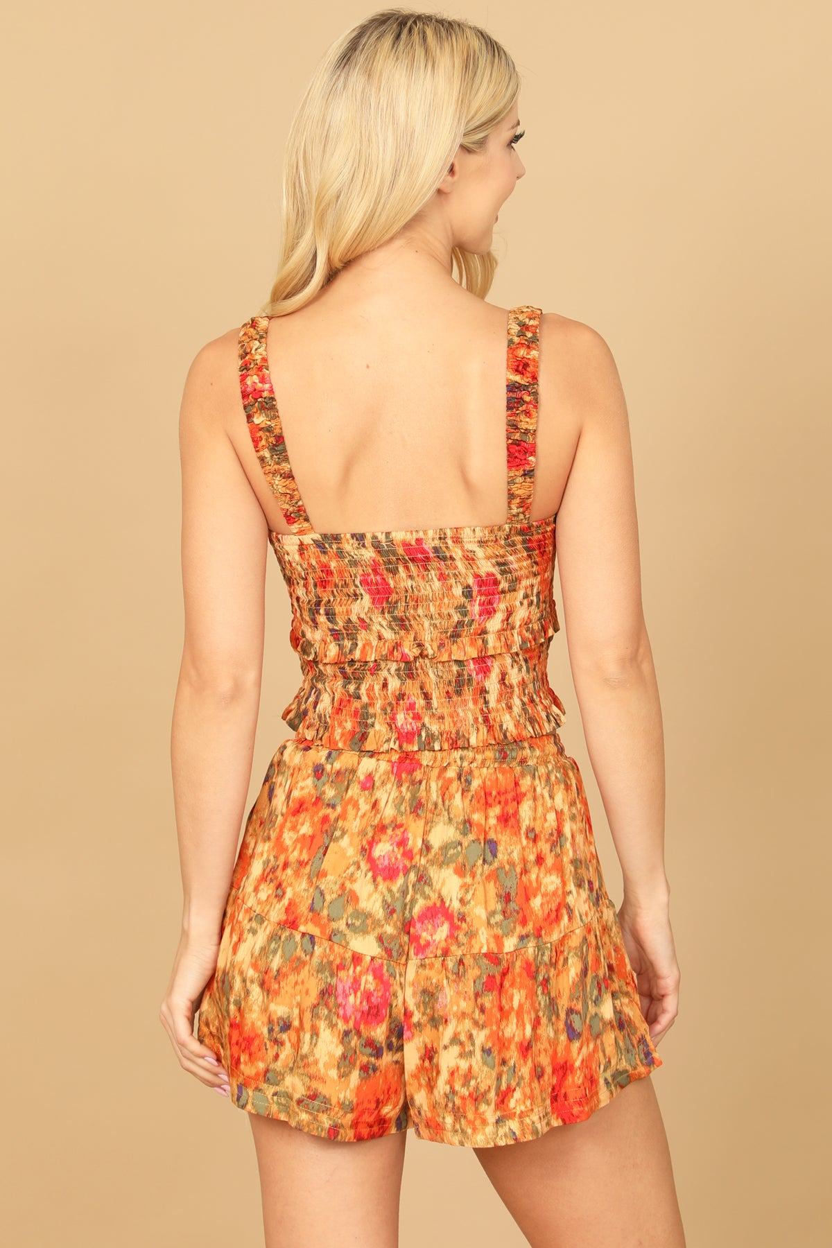 ORANGE FLORAL STRAP SHIRRED PAINTERLY CROP TOP & SHORT SET 2-2-1