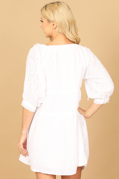 PUFF SLEEVE EYELET BABYDOLL MINI DRESS 2-2-1