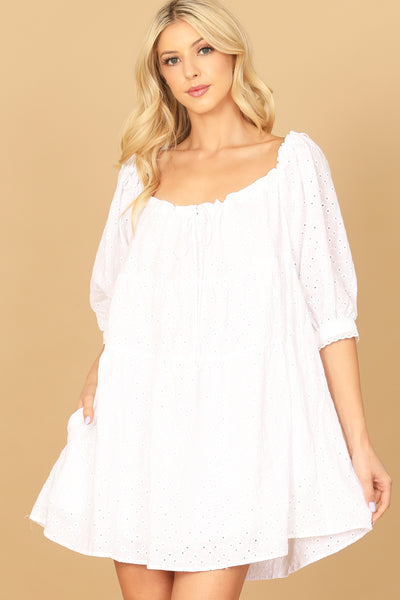 PUFF SLEEVE EYELET BABYDOLL MINI DRESS 2-2-1