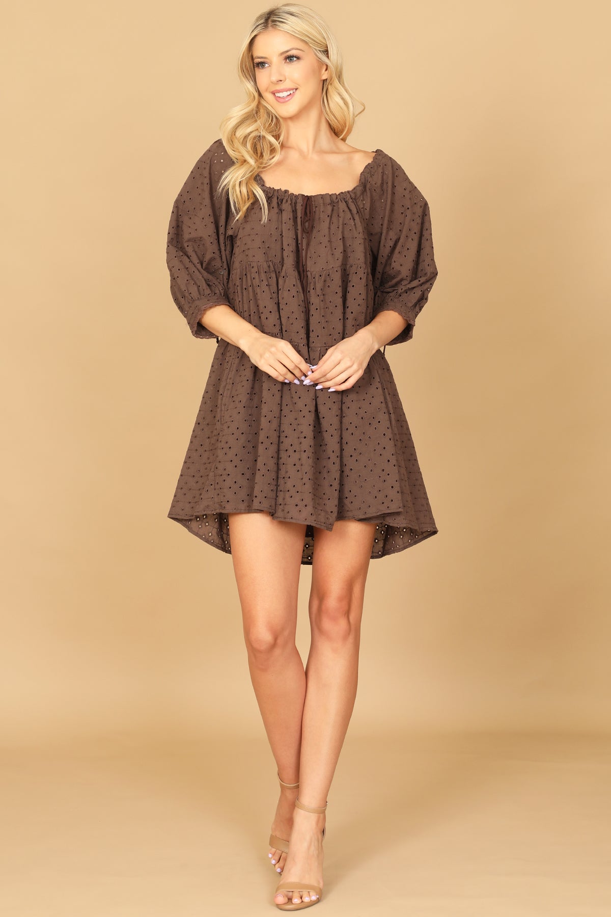 PUFF SLEEVE EYELET BABYDOLL MINI DRESS 2-2-1