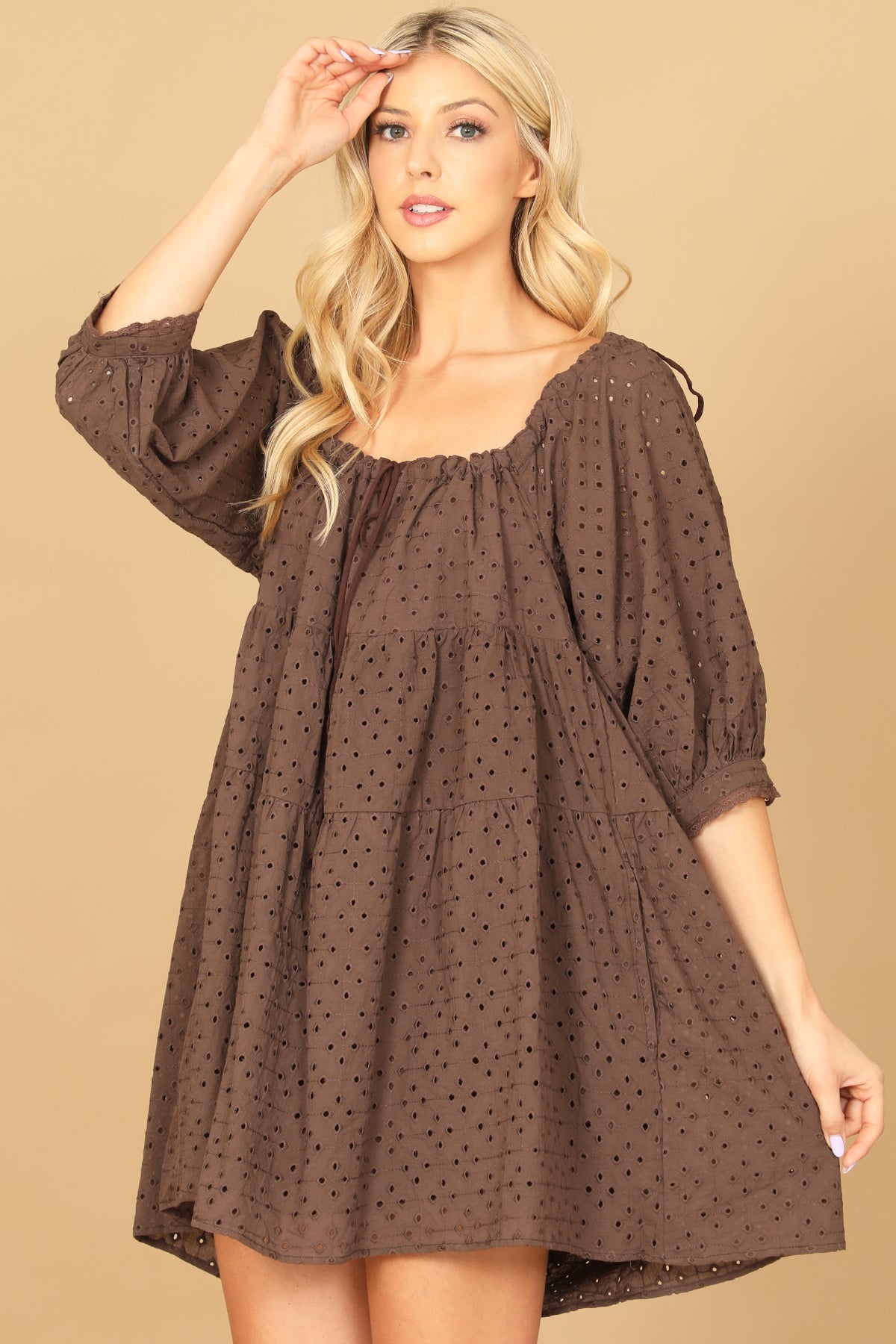 PUFF SLEEVE EYELET BABYDOLL MINI DRESS 2-2-1