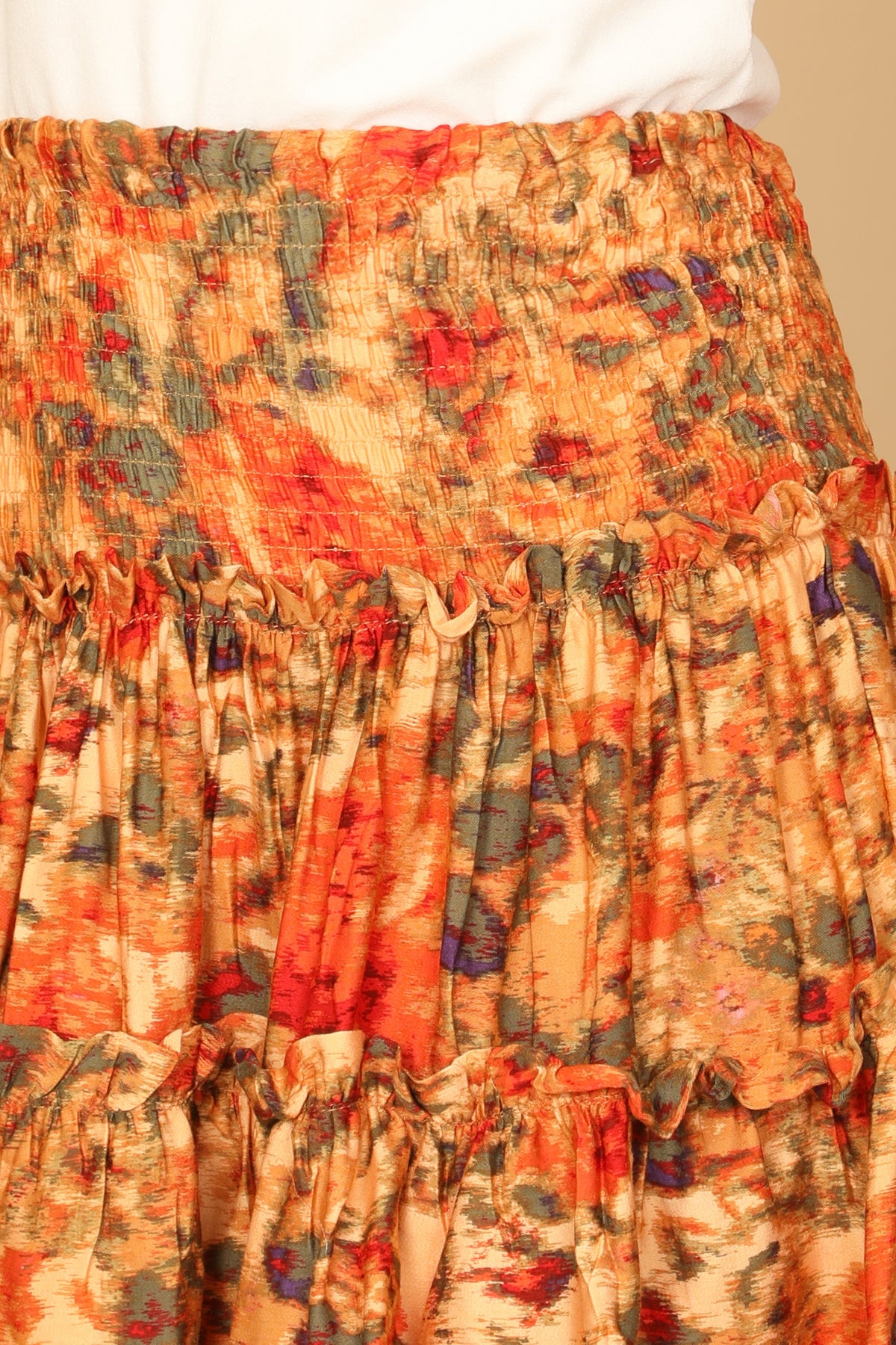 ORANGE SMOCKED WAIST RUFFLE TIERED FLORAL SKIRT 2-2-1