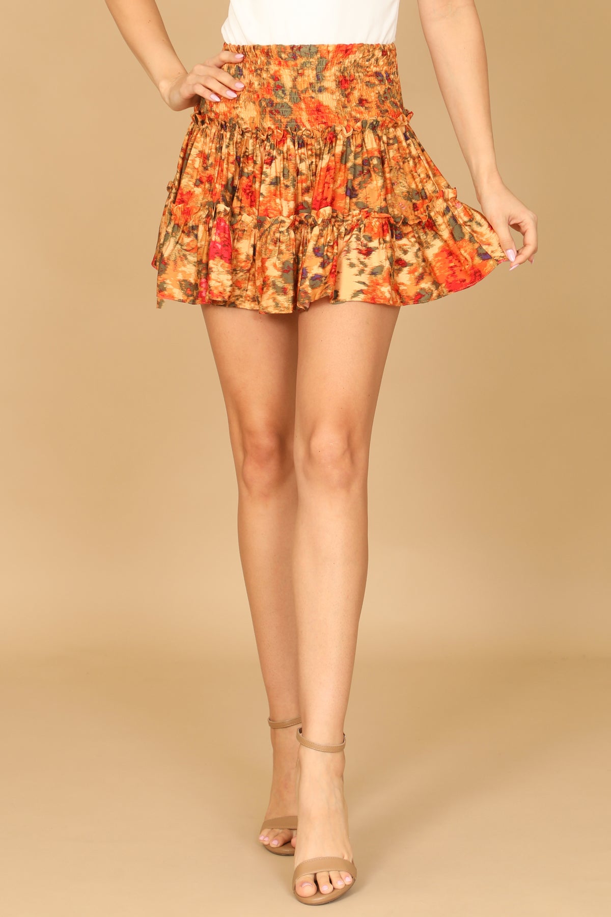 ORANGE SMOCKED WAIST RUFFLE TIERED FLORAL SKIRT 2-2-1