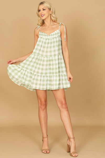 GREEN PLAID TIE STRAP TIERED MINI DRESS 2-2-1