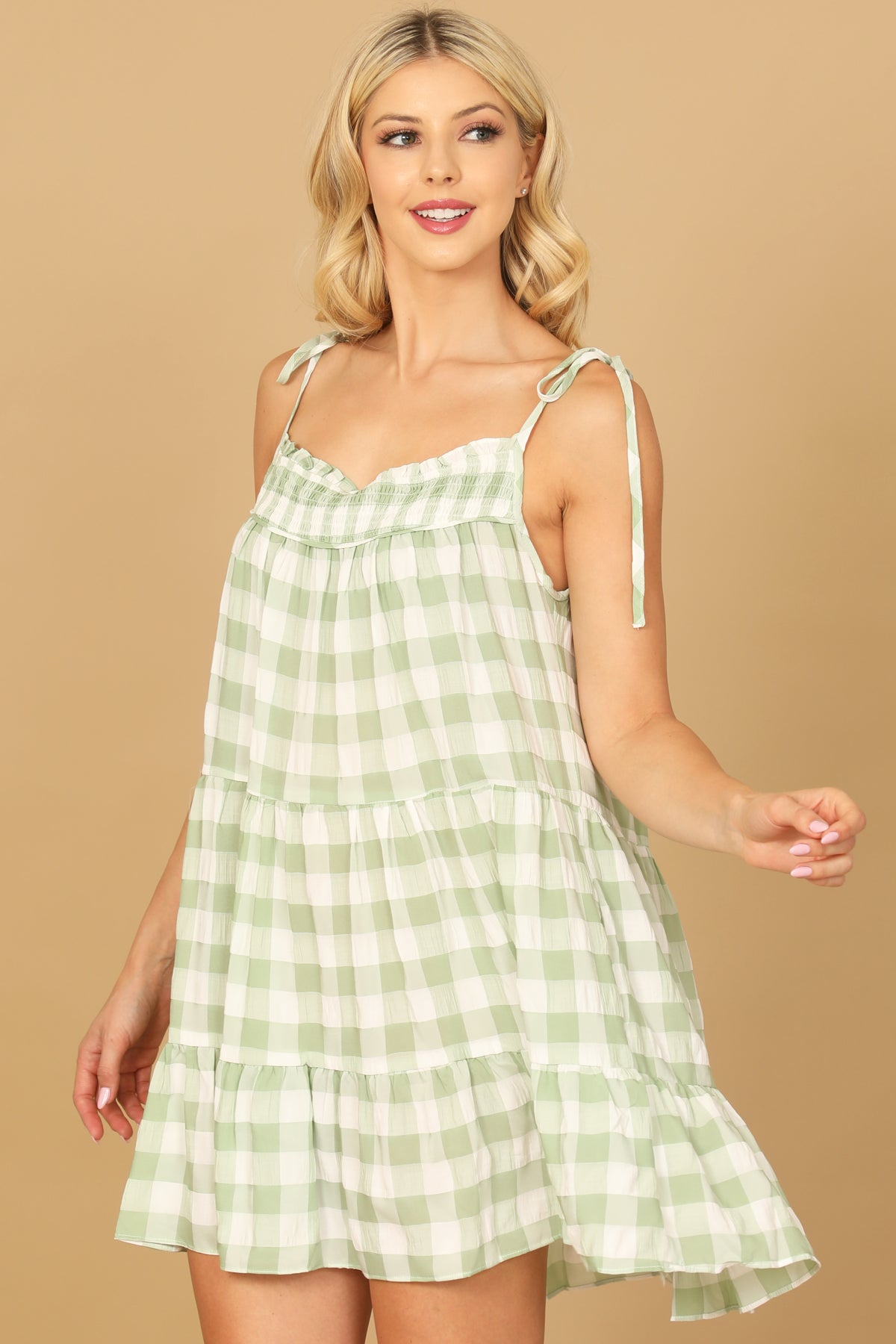 GREEN PLAID TIE STRAP TIERED MINI DRESS 2-2-1