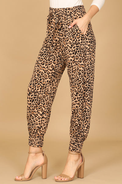 TAUPE BLACK GARTERIZED HEM LEOPARD PANTS 2-2-1