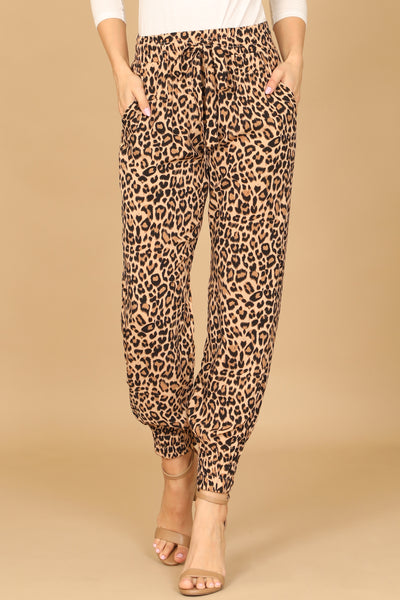 TAUPE BLACK GARTERIZED HEM LEOPARD PANTS 2-2-1