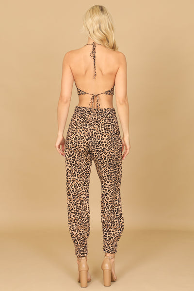 TAUPE BLACK COWL NECK LEOPARD CROP TOP JOGGER PANTS 2-2-1