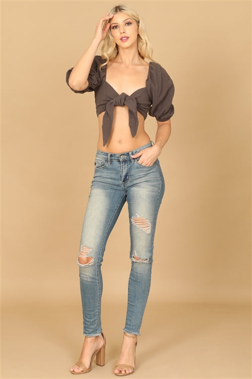 T04150-PUFF SLEEVE FRONT KNOT CROP TOP 1-2-1