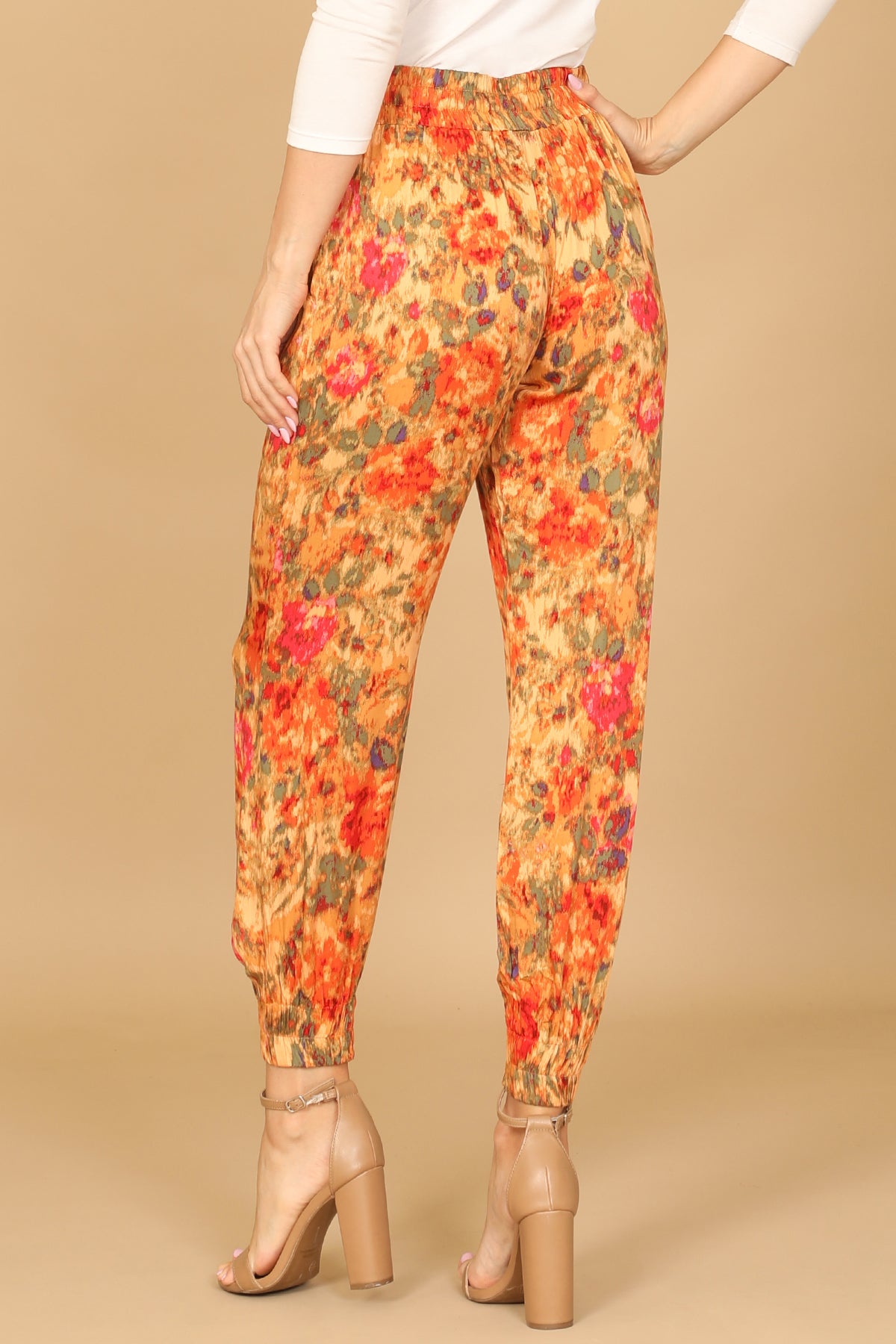 ORANGE FLORAL GARTERIZED HEM PANTS 2-2-1