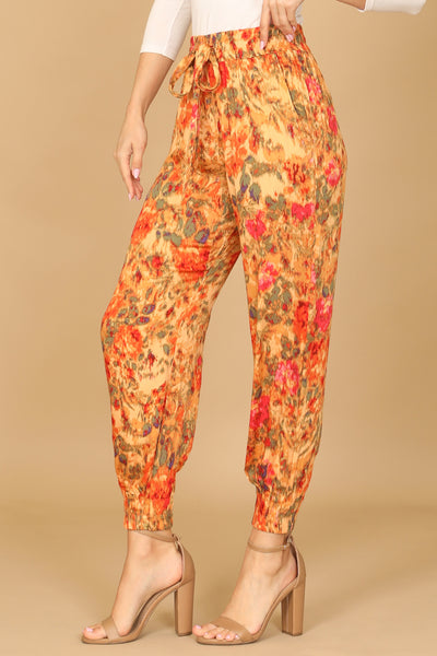 ORANGE FLORAL GARTERIZED HEM PANTS 2-2-1