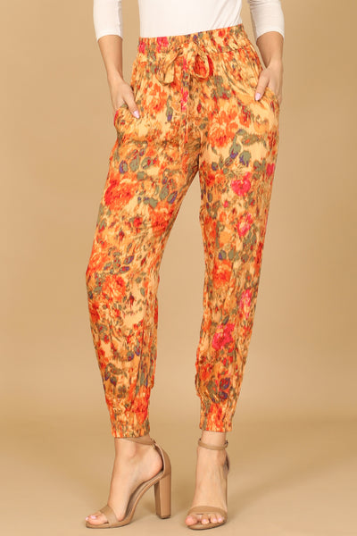 ORANGE FLORAL GARTERIZED HEM PANTS 2-2-1