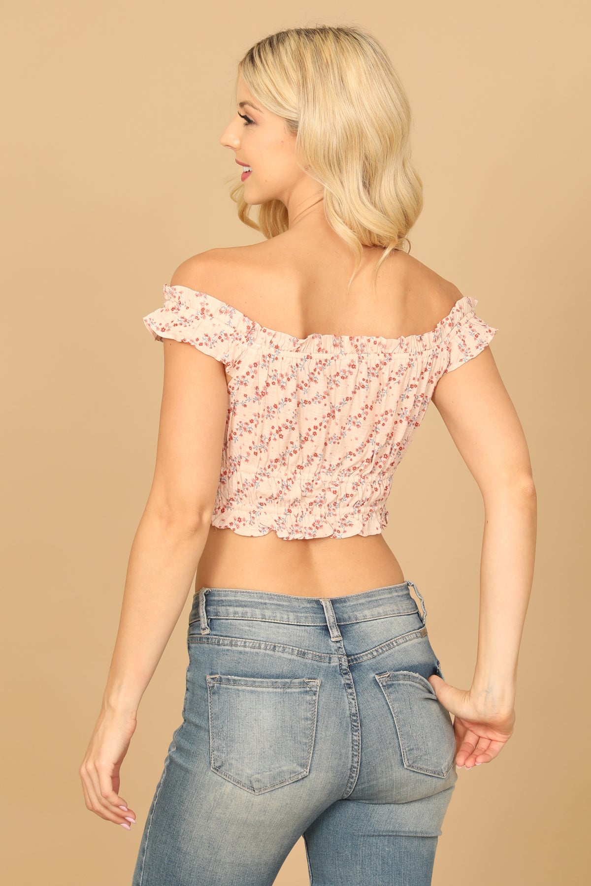 LIGHT PEACH FLORAL OFF-SHOULDER RUFFLE CROP TOP 2-2-1