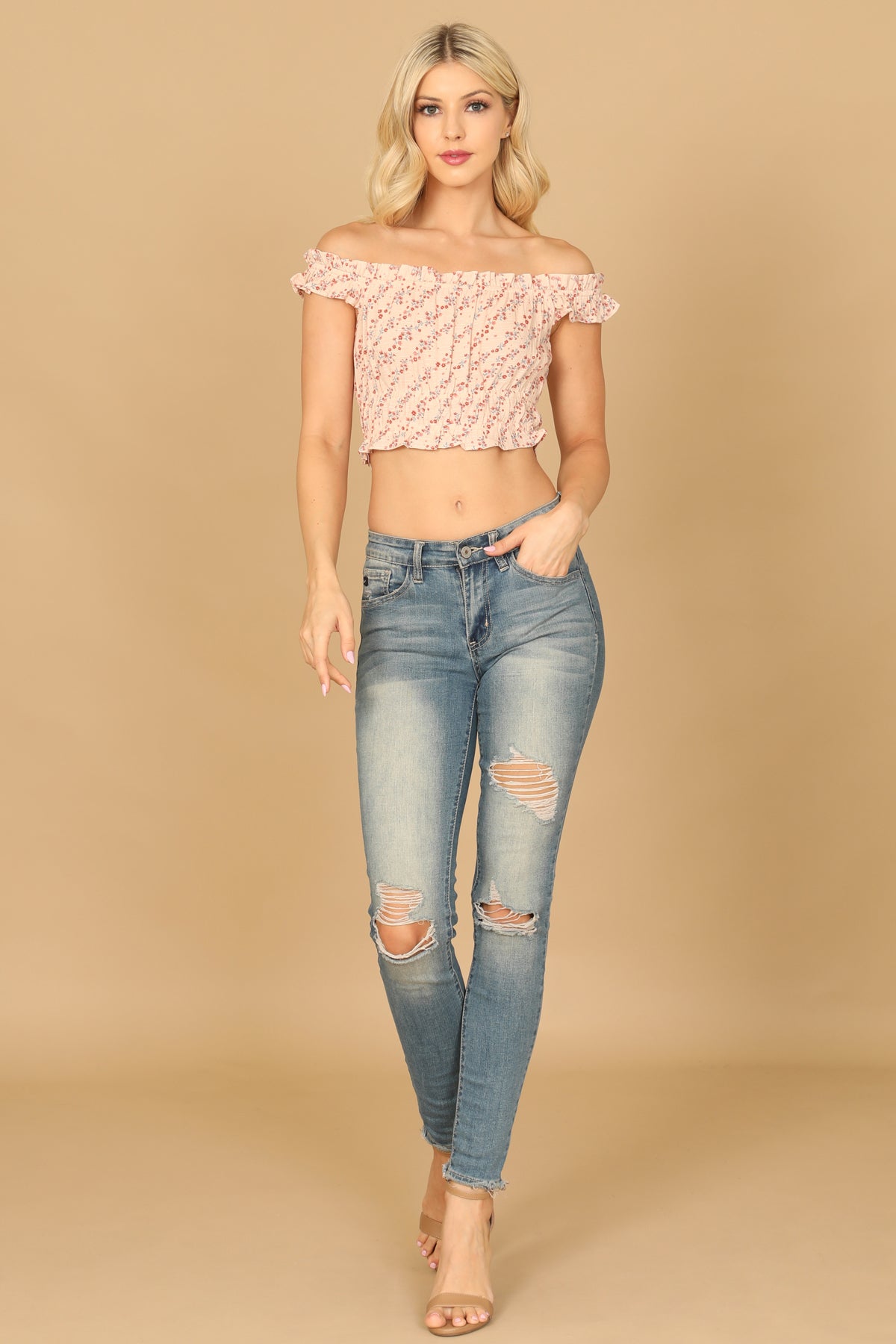 LIGHT PEACH FLORAL OFF-SHOULDER RUFFLE CROP TOP 2-2-1