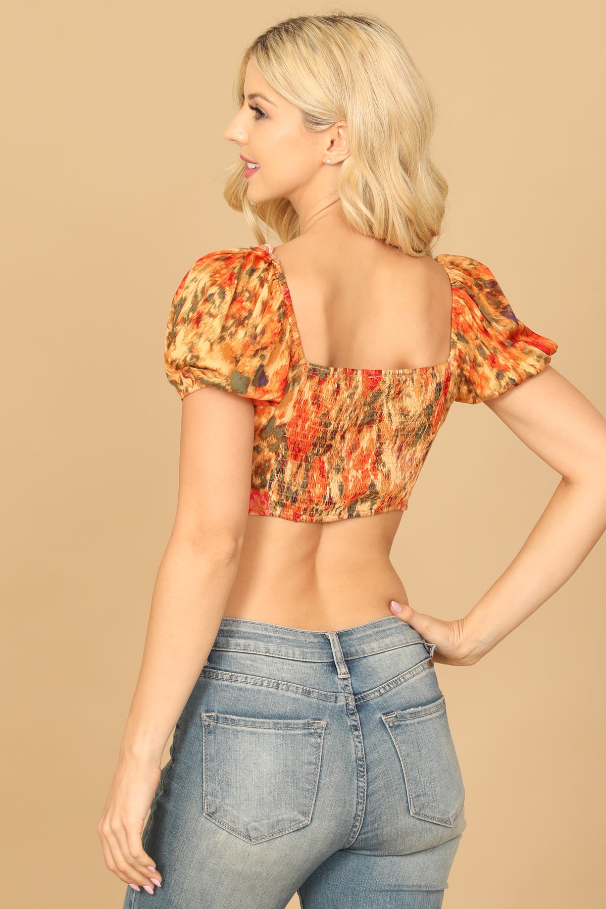 ORANGE FLORAL PUFF SLEEVE FRONT CUT-OUT CROP TOP 2-2-1