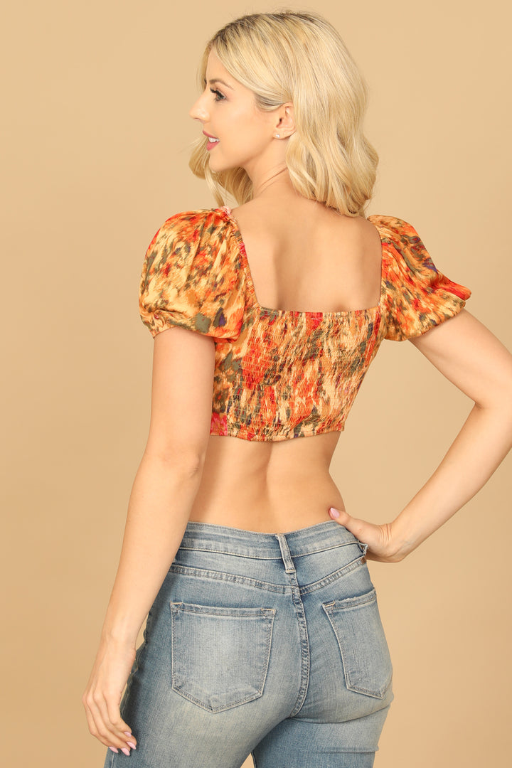 トップス OHGA FIOWER PUFF ORANGE FLORAL PUFF SLEEVE FRONT CUT-OUT CROP TOP 2-2-1 – MYS Wholesale