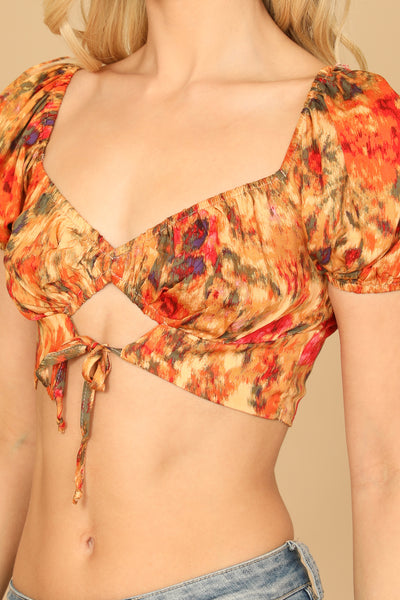 ORANGE FLORAL PUFF SLEEVE FRONT CUT-OUT CROP TOP 2-2-1