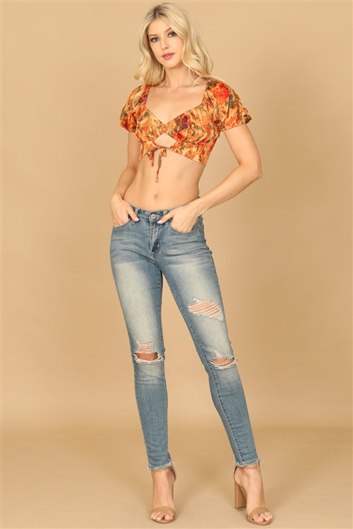 T0447-FLORAL PUFF SLEEVE FRONT CUT-OUT CROP TOP 3-2-1