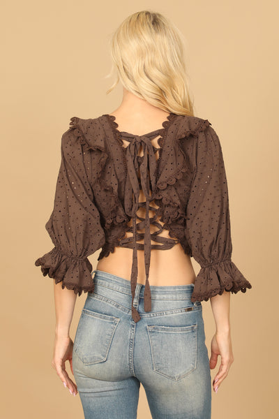 BROWN FLOUNCE SLEEVE PLUNGING EYELET RUFFLE CROP TOP 2-2-1