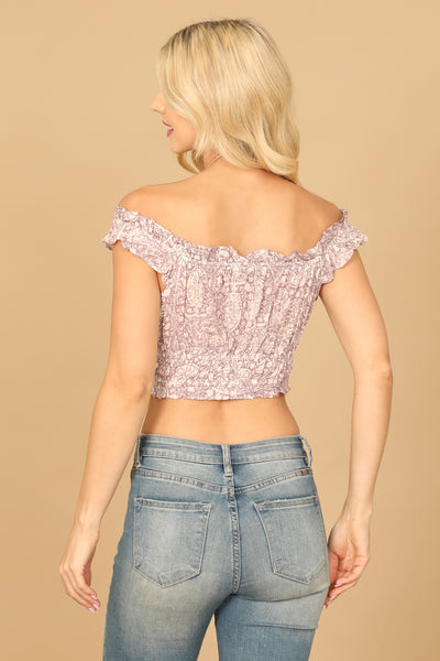 CREAM LAVENDER RUFFLE OFF-SHOULDER PAISLEY CROP TOP 2-2-1