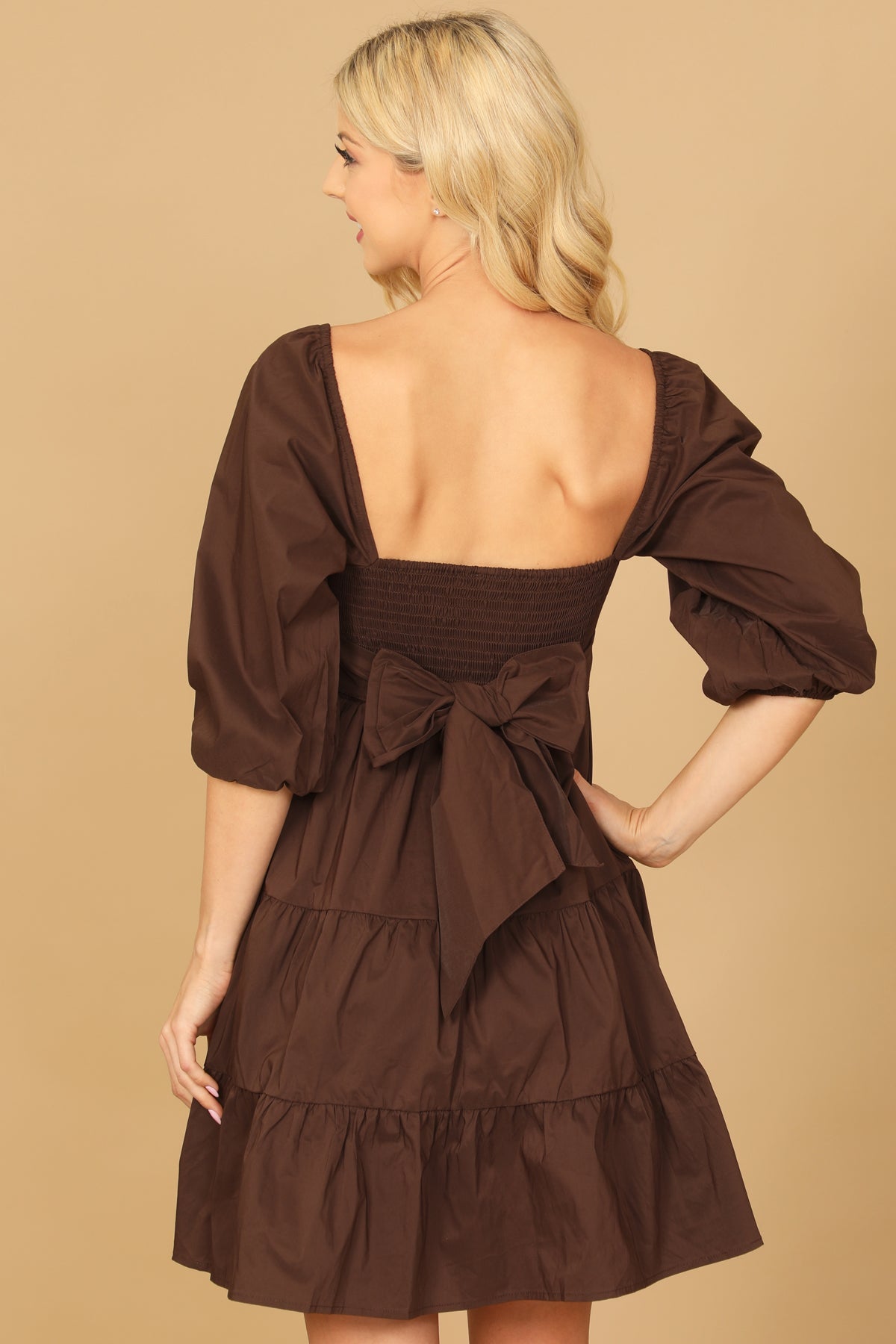 PUFF SLEEVE SQUARE NECK SOLID TIERED DRESS 2-2-1