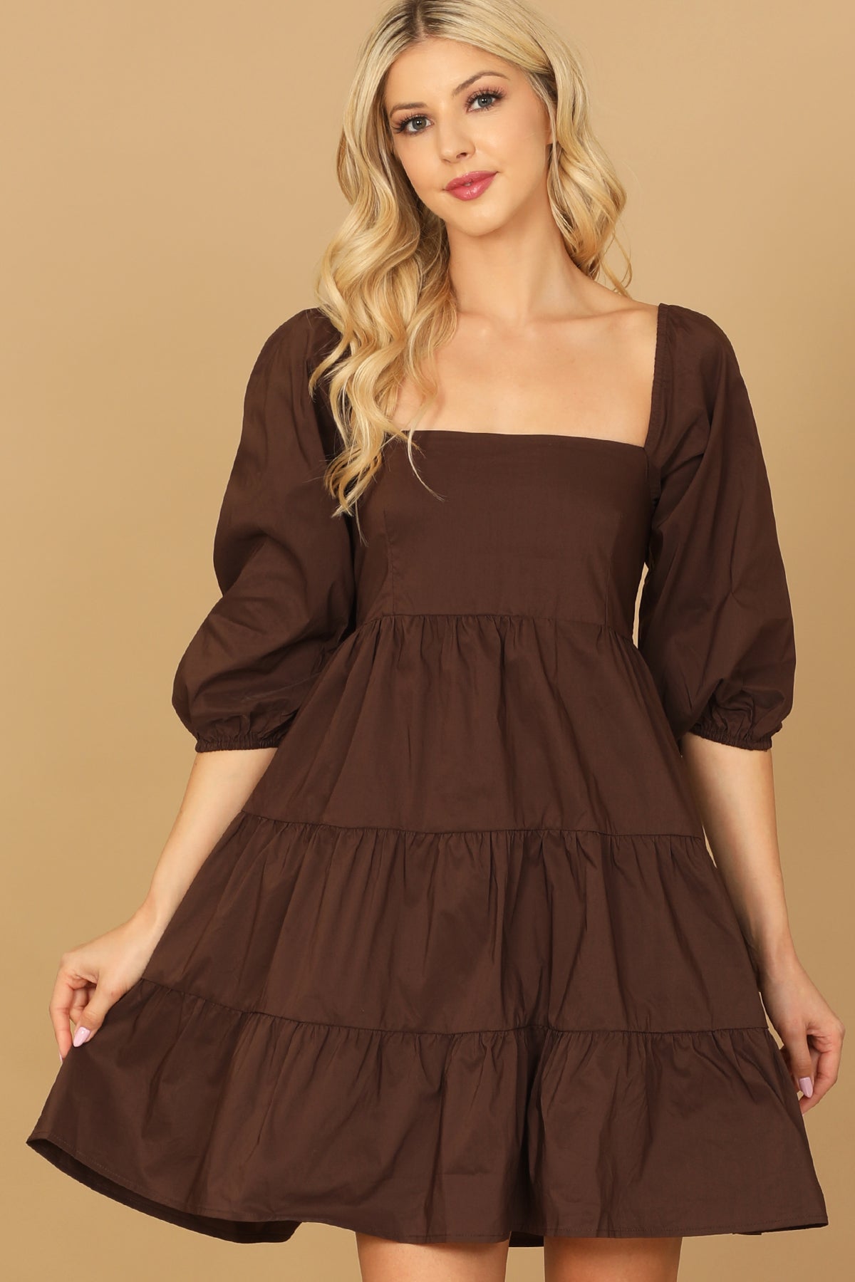 PUFF SLEEVE SQUARE NECK SOLID TIERED DRESS 2-2-1