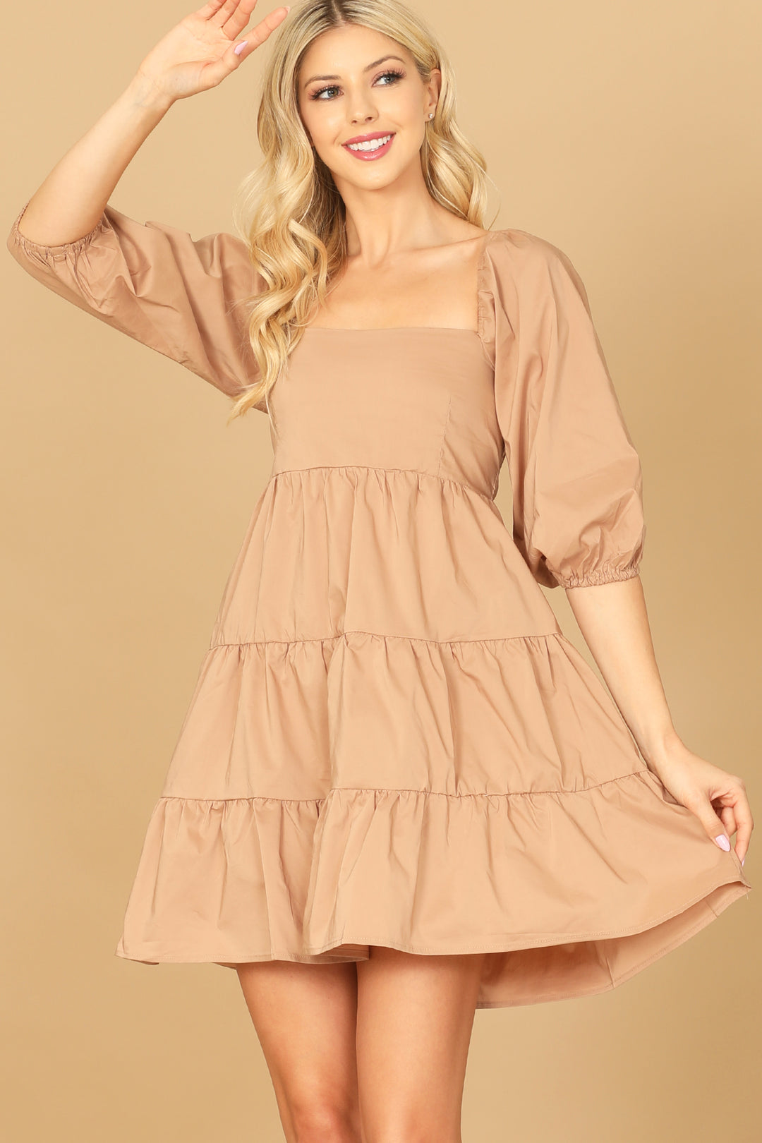 PUFF SLEEVE SQUARE NECK SOLID TIERED DRESS 2-2-1 – MYS Wholesale