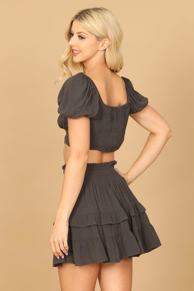 PUFF SLEEVE FRONT CUT-OUT CROP TOP RUFFLE SKIRT 2-2-1