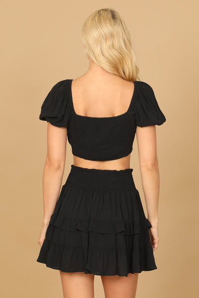 PUFF SLEEVE FRONT CUT-OUT CROP TOP RUFFLE SKIRT 2-2-1