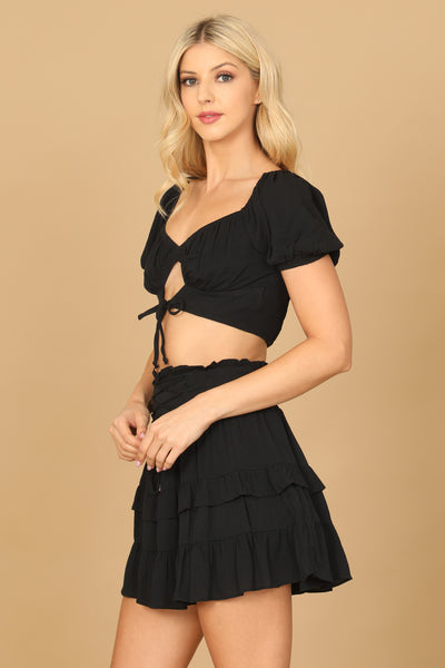 PUFF SLEEVE FRONT CUT-OUT CROP TOP RUFFLE SKIRT 2-2-1