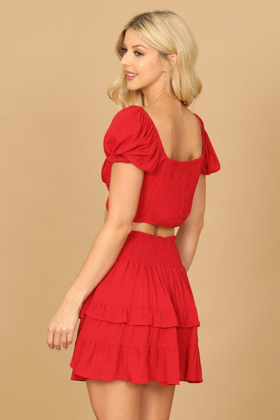 PUFF SLEEVE FRONT CUT-OUT CROP TOP RUFFLE SKIRT 2-2-1