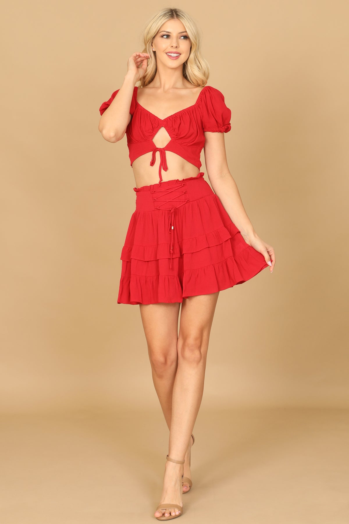 PUFF SLEEVE FRONT CUT-OUT CROP TOP RUFFLE SKIRT 2-2-1